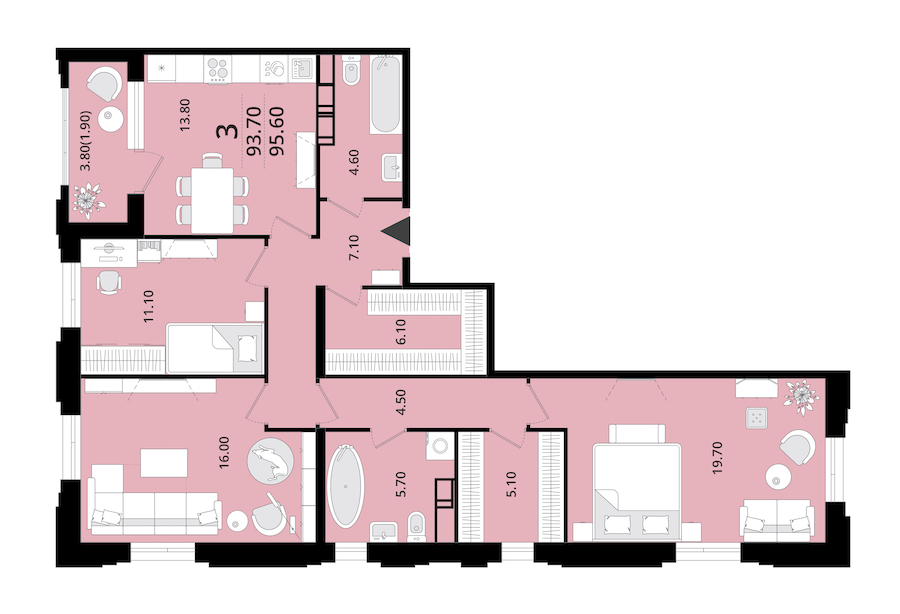 3-комнатная квартира 95.6 м², 11/13 эт., ЖК «Тайм Сквер»